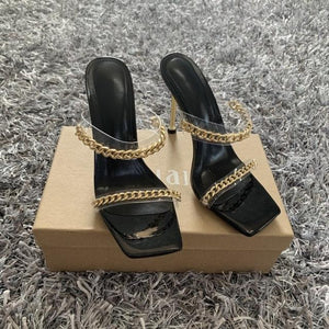 Summer Women Sandals Square Toe Ladies Heel Clear Transparent High Heels Slippers Fashion Chain Woman Open Toe Slip On Dress Luxury Party Backless Slides High Heels Slipper