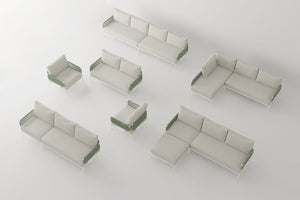 Top view of the Sylva Outdoor Modular Sofa by Acanva showcasing multiple configurations. The pieces are upholstered in light fabric featuring green accents, arranged on a plain white background. The set includes single chairs, two-seat sofas, and corner sections.