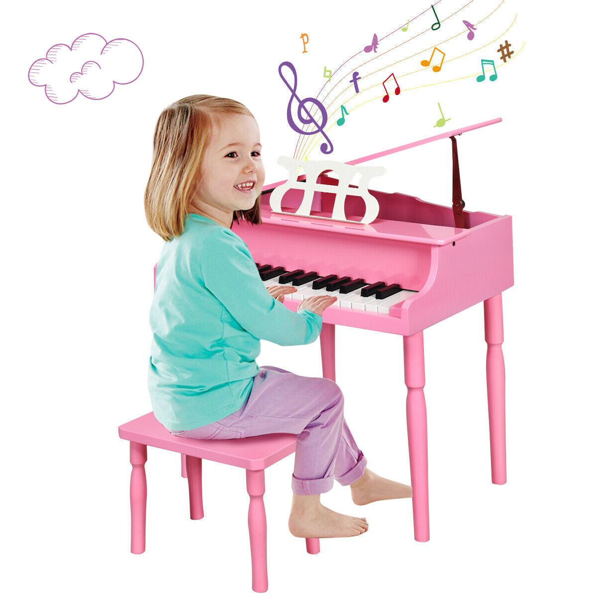 30-Key Wood Toy Kids Grand Piano with Bench & Music Rack-Black