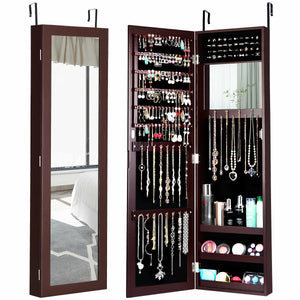 Full Length Mirror Jewelry Cabinet with Ring Slots and Necklace Hooks-Black