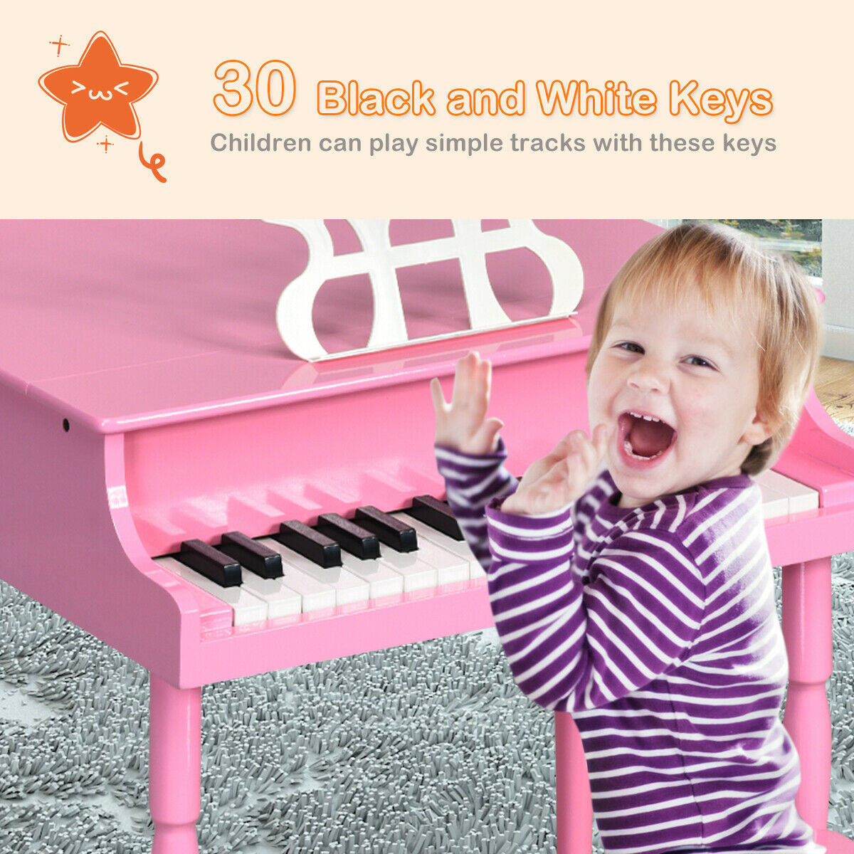 30-Key Wood Toy Kids Grand Piano with Bench & Music Rack-Black