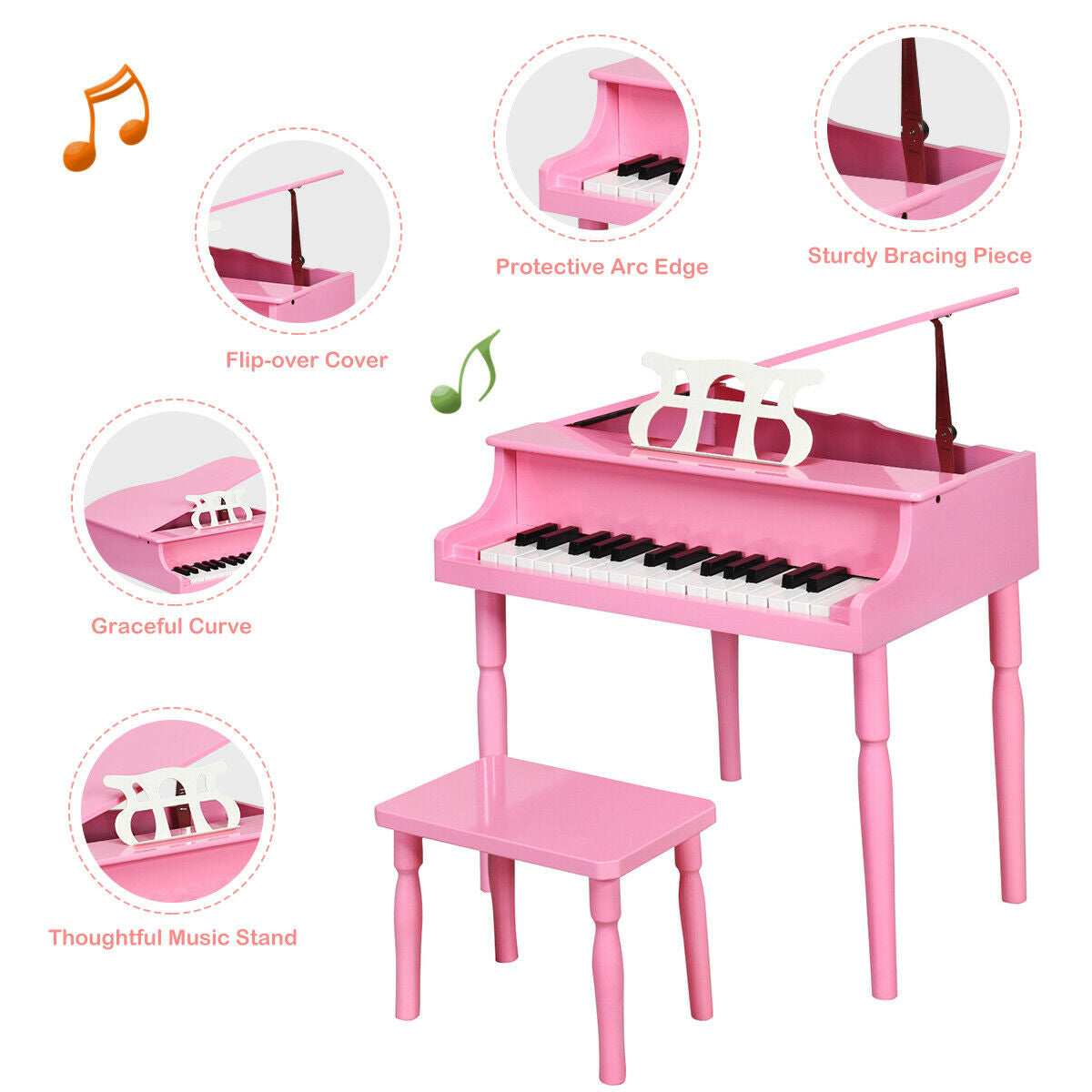 30-Key Wood Toy Kids Grand Piano with Bench & Music Rack-Black