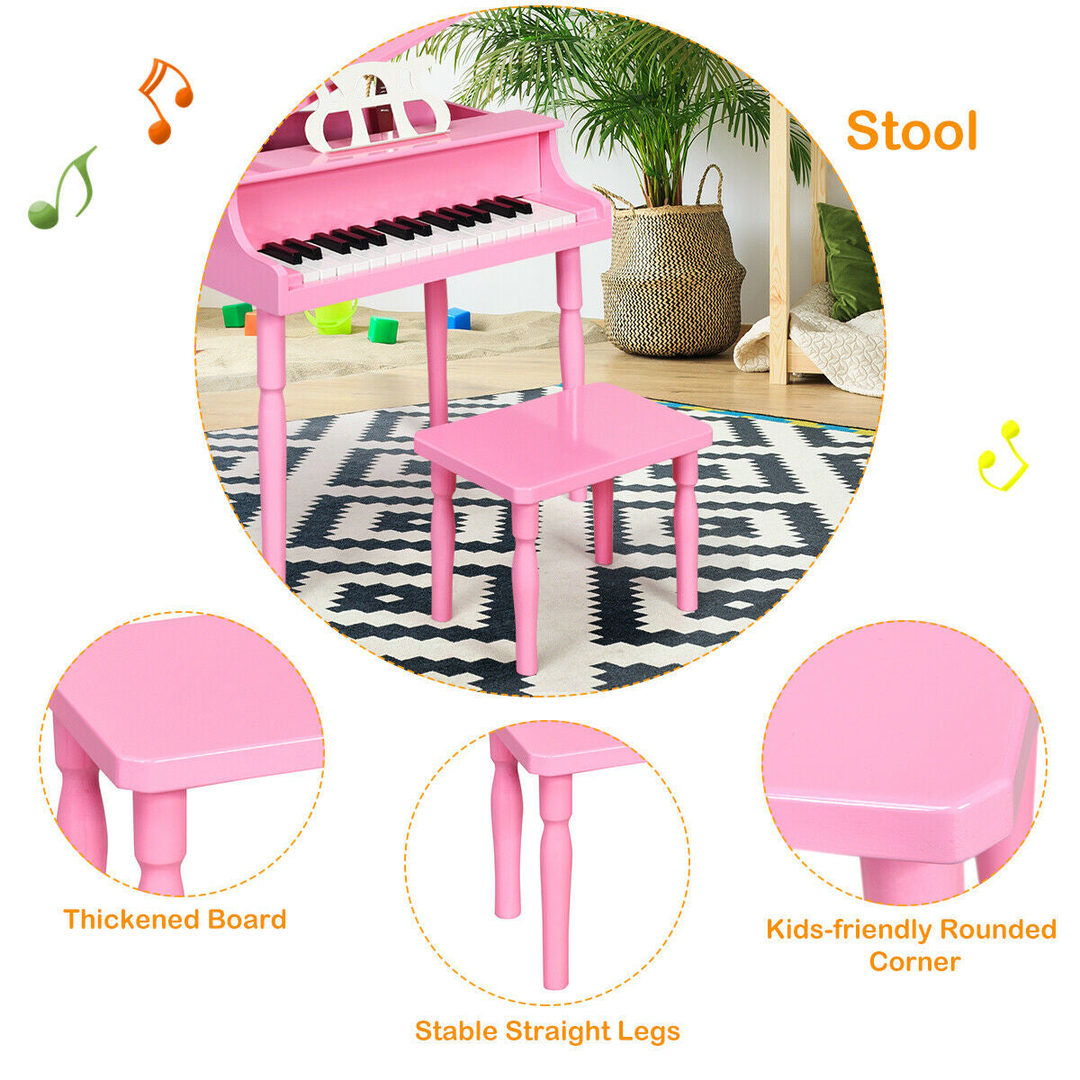 30-Key Wood Toy Kids Grand Piano with Bench & Music Rack-Black