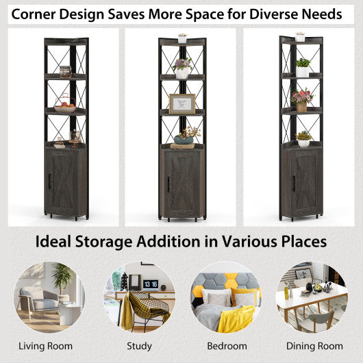 Tall Corner Storage Cabinet with 3-Tier Shelf and Enclosed Cabinet-Gray