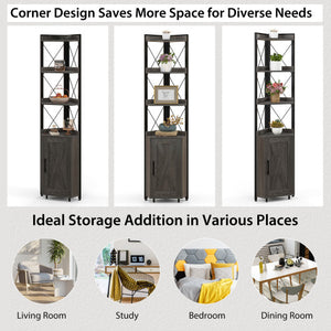 Tall Corner Storage Cabinet with 3-Tier Shelf and Enclosed Cabinet-Gray