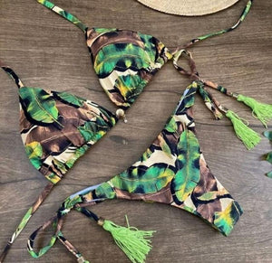 Tassel Leaves Print Woman Swimsuit Women's Two Piece Swimsuit Floral Print Bikini Sets New Comfortable Beach Bikini Bathing Suit Halter Triangle Lace Up Swimwear For Women
