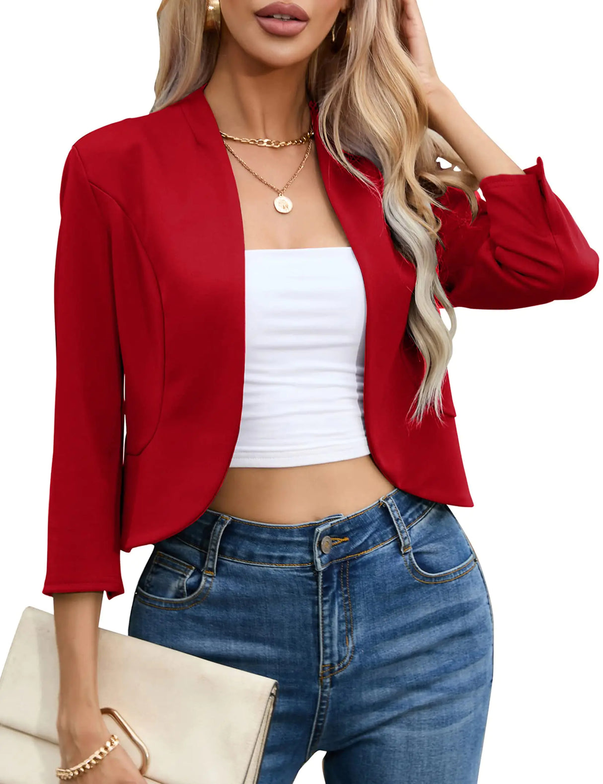 KOJOOIN Womens Cropped Blazer Casual Business 3/4 Sleeve Collarless Open Front Ruffle Work Office Cardigan Suit Jacket Shrug Red Small