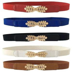 Thin Elastic Stretch Women Buckle Skinny Fashion Belts Metal Leaf Buckle Design Belts For Ladies