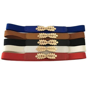 Thin Elastic Stretch Women Buckle Skinny Fashion Belts Metal Leaf Buckle Design Belts For Ladies