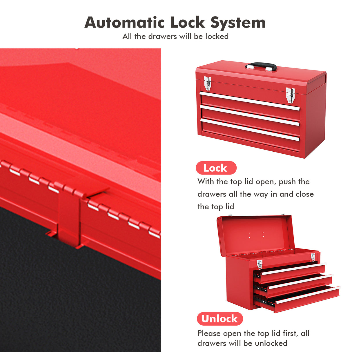 Portable Garage Mechanic Tool Cabinet Box with 3 Drawers-Red