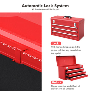 Portable Garage Mechanic Tool Cabinet Box with 3 Drawers-Red