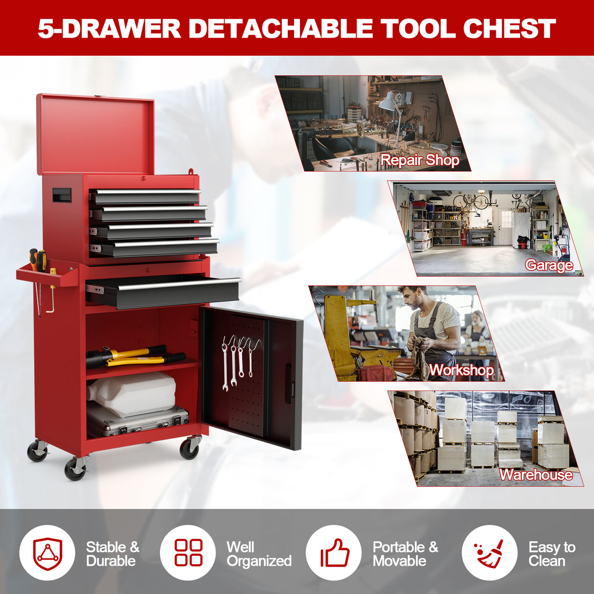 2-in-1 Tool Chest and Cabinet with 5 Sliding Drawers-Black