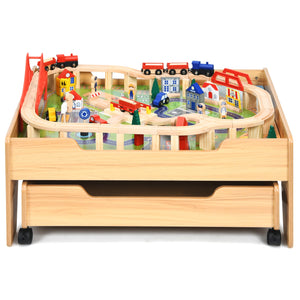 Kids Wooden Train Set Table with 100 Multicolor Pieces and Lockable Wheels
