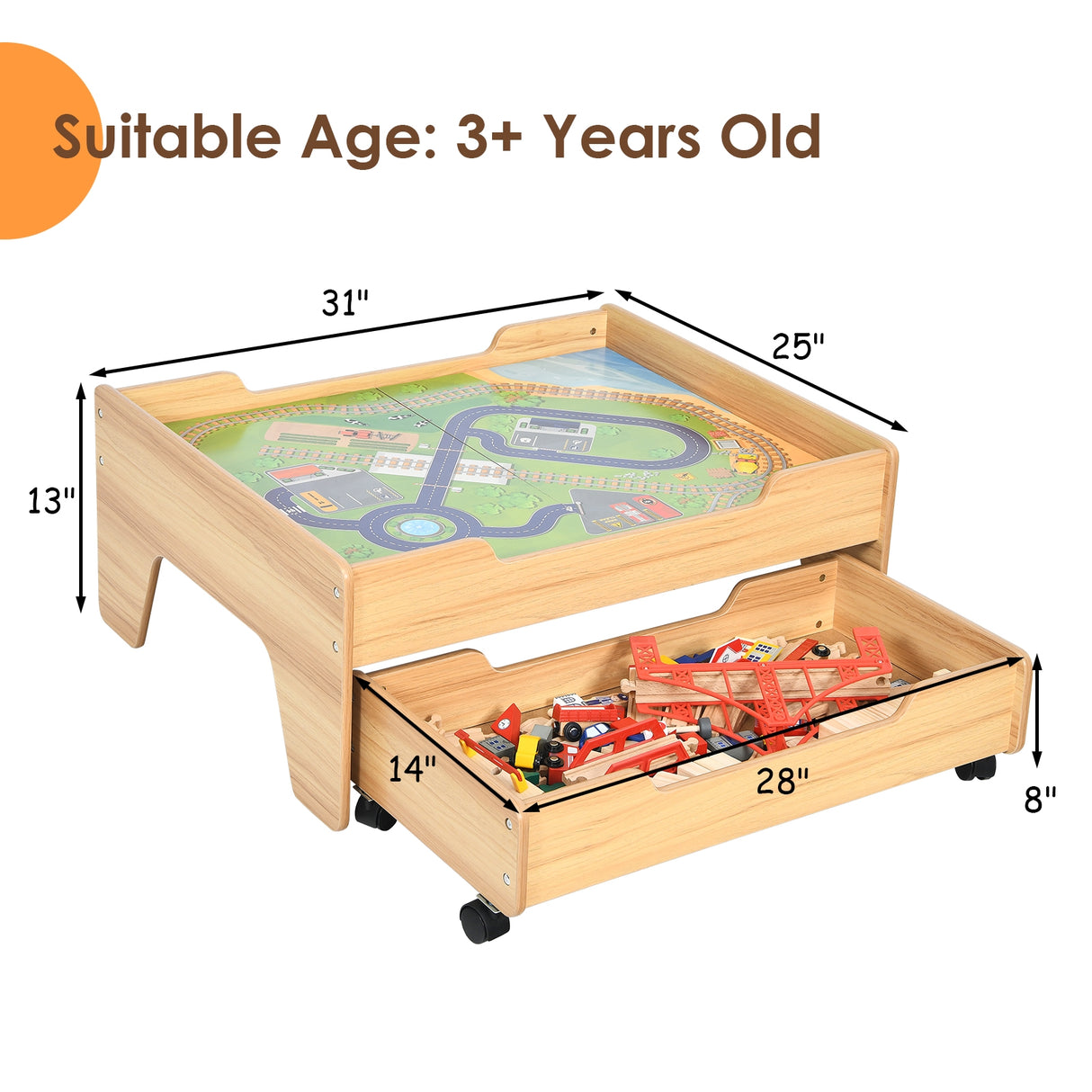 Kids Wooden Train Set Table with 100 Multicolor Pieces and Lockable Wheels