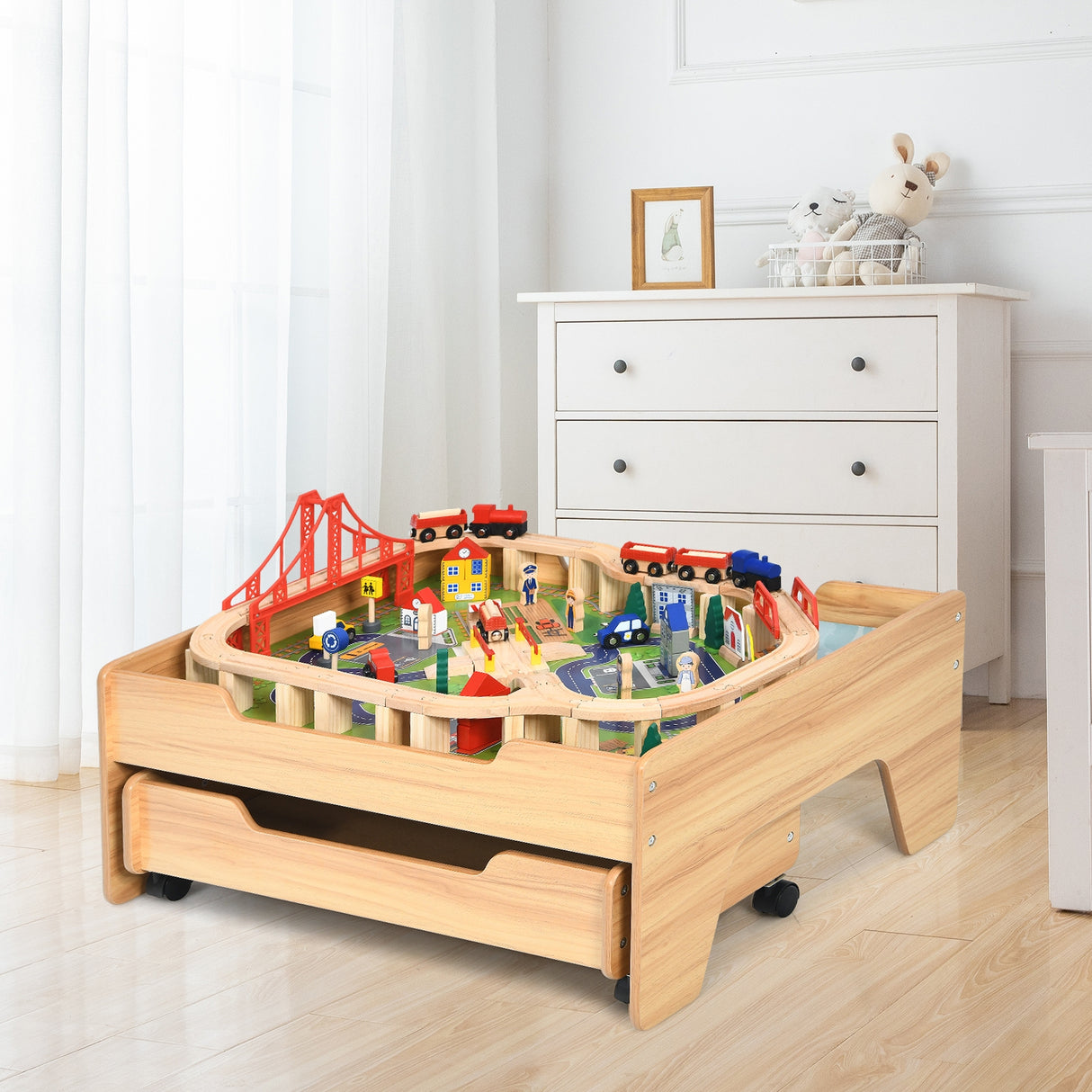 Kids Wooden Train Set Table with 100 Multicolor Pieces and Lockable Wheels