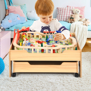 Kids Wooden Train Set Table with 100 Multicolor Pieces and Lockable Wheels