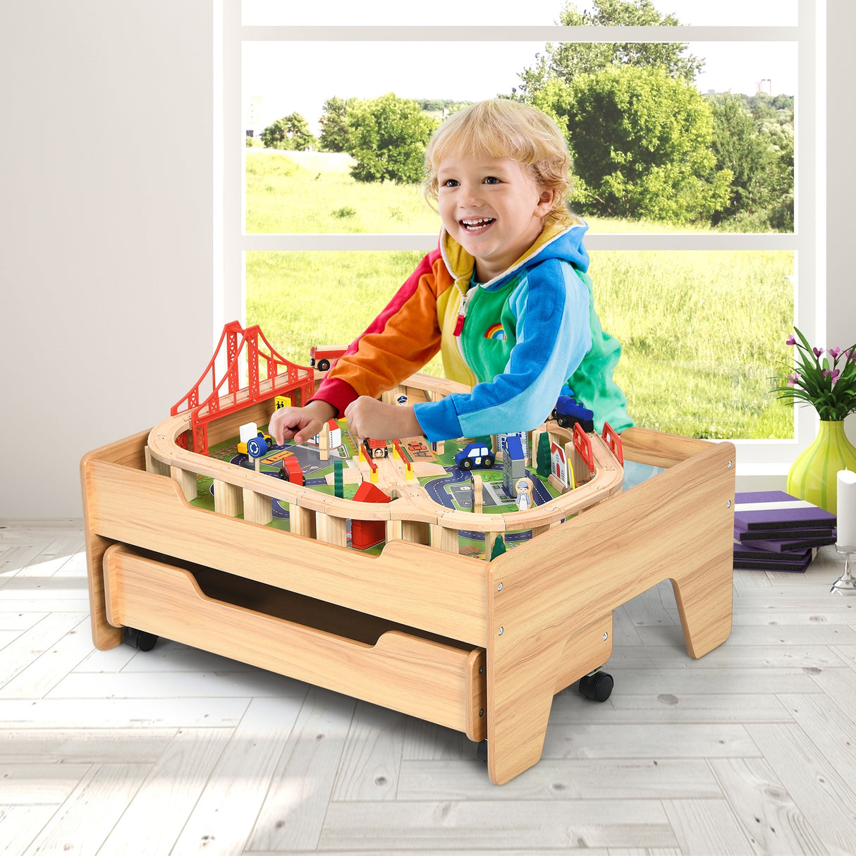 Kids Wooden Train Set Table with 100 Multicolor Pieces and Lockable Wheels