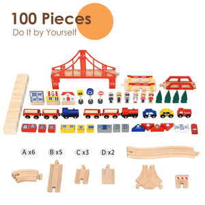 Kids Wooden Train Set Table with 100 Multicolor Pieces and Lockable Wheels
