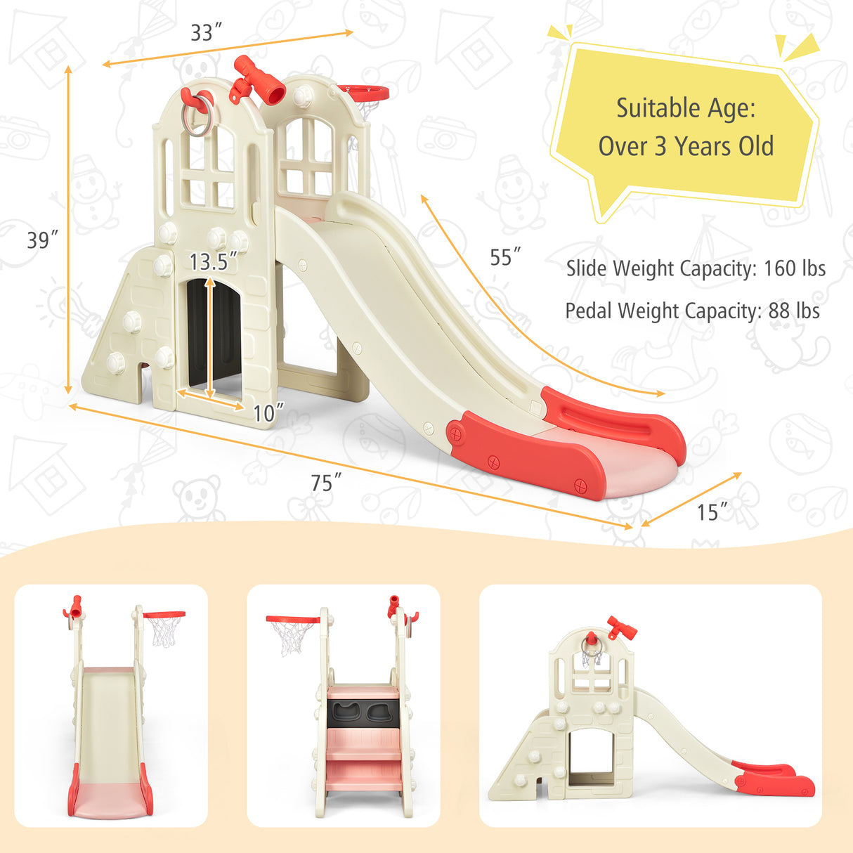 6-In-1 Large Slide for Kids Toddler Climber Slide Playset with Basketball Hoop-Blue