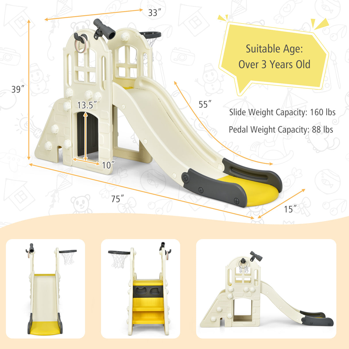 6-In-1 Large Slide for Kids Toddler Climber Slide Playset with Basketball Hoop-Blue