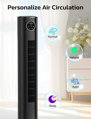 Tower Fan for Bedroom, 90° Oscillating Fan with 12H Timer, 37”Standing Fans with Remote, Bladeless Fan with 4 Modes & 3 Speeds