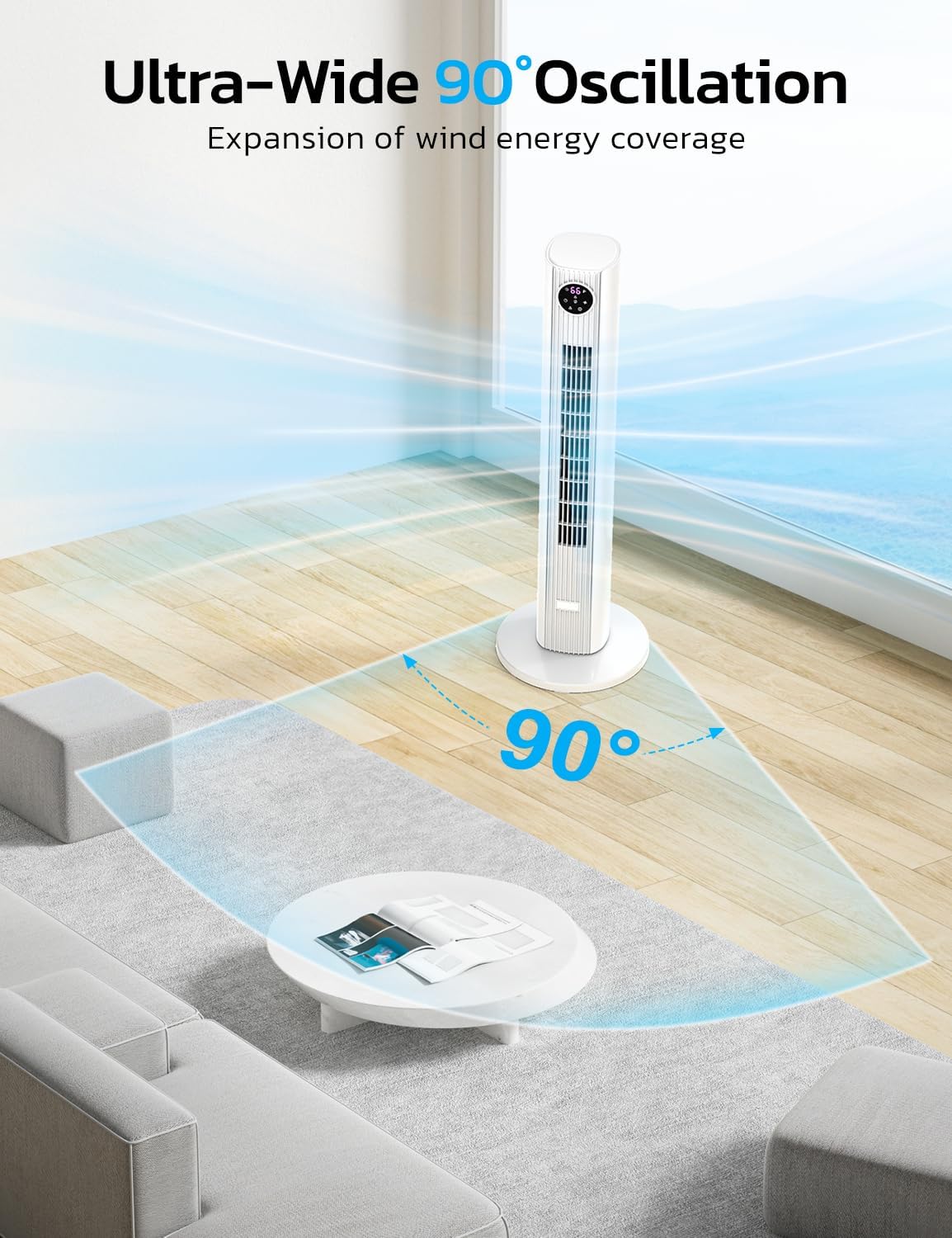 Tower Fan for Bedroom, 90° Oscillating Fan with 12H Timer, 37”Standing Fans with Remote, Bladeless Fan with 4 Modes & 3 Speeds
