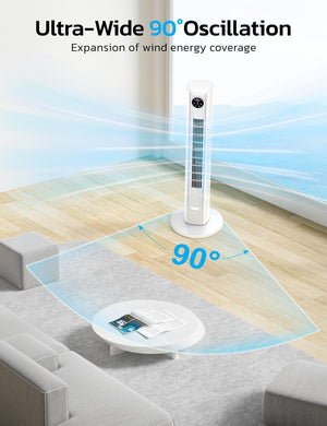 Tower Fan for Bedroom, 90° Oscillating Fan with 12H Timer, 37”Standing Fans with Remote, Bladeless Fan with 4 Modes & 3 Speeds