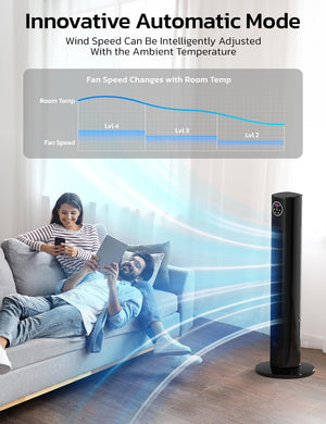Tower Fan for Bedroom, 90° Oscillating Fan with 12H Timer, 37”Standing Fans with Remote, Bladeless Fan with 4 Modes & 3 Speeds