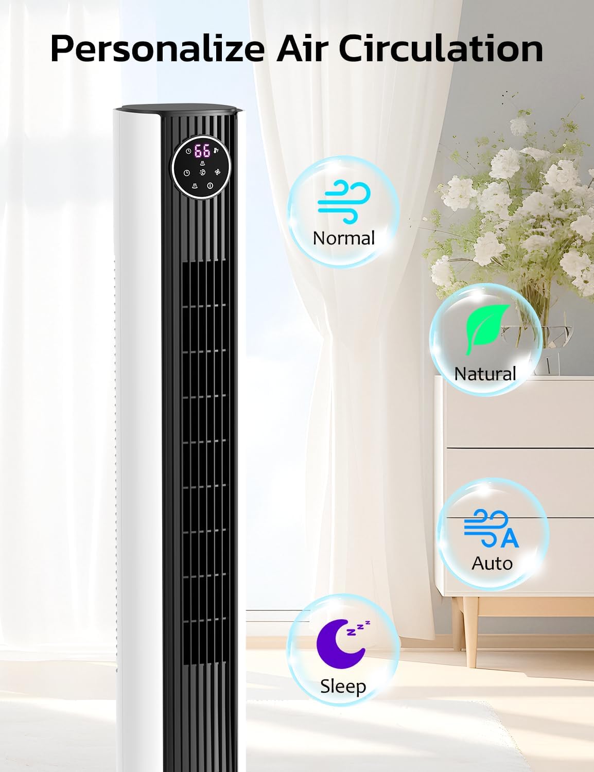 Tower Fan for Bedroom, 90° Oscillating Fan with 12H Timer, 37”Standing Fans with Remote, Bladeless Fan with 4 Modes & 3 Speeds