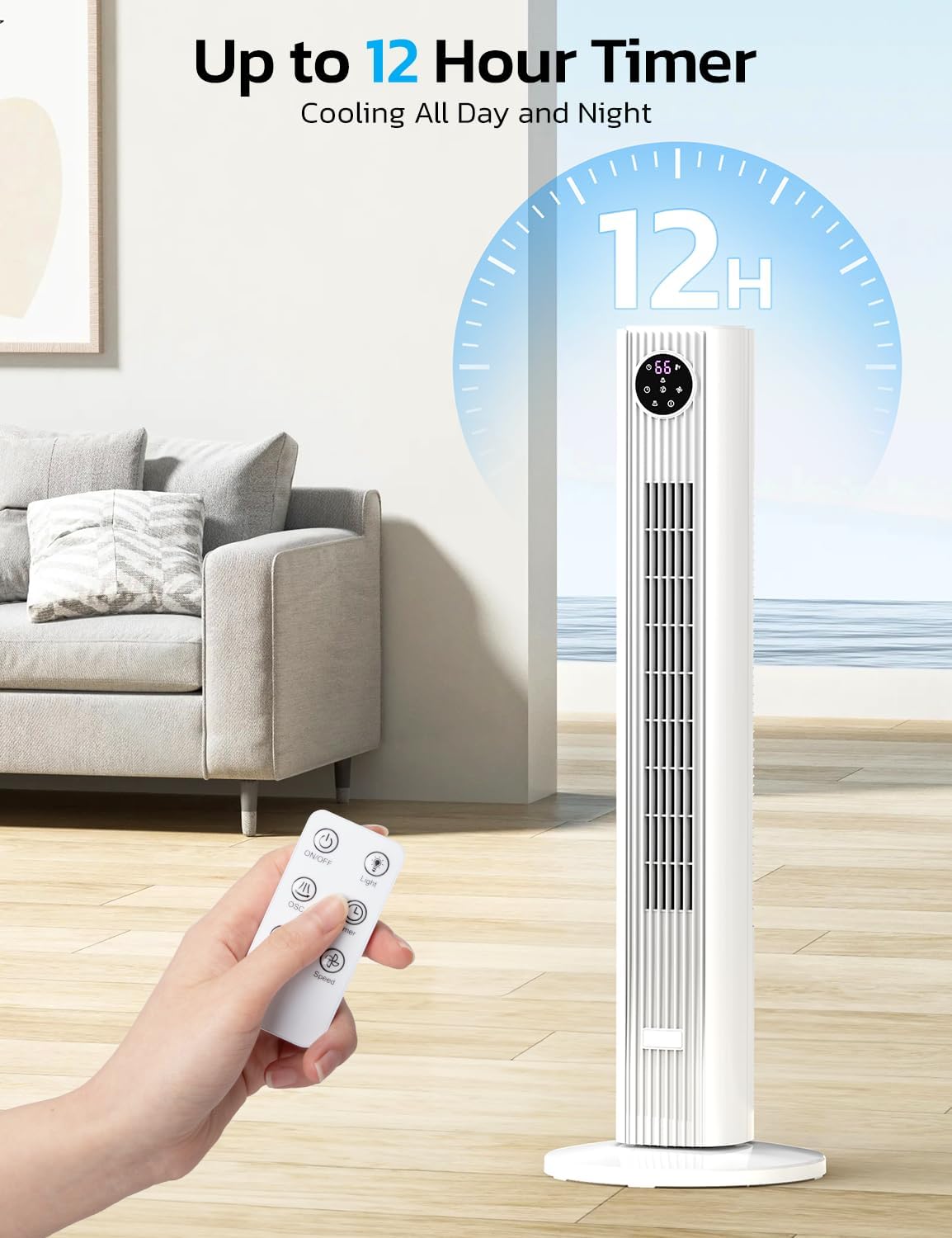 Tower Fan for Bedroom, 90° Oscillating Fan with 12H Timer, 37”Standing Fans with Remote, Bladeless Fan with 4 Modes & 3 Speeds
