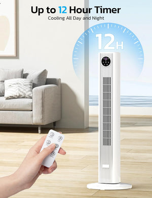 Tower Fan for Bedroom, 90° Oscillating Fan with 12H Timer, 37”Standing Fans with Remote, Bladeless Fan with 4 Modes & 3 Speeds