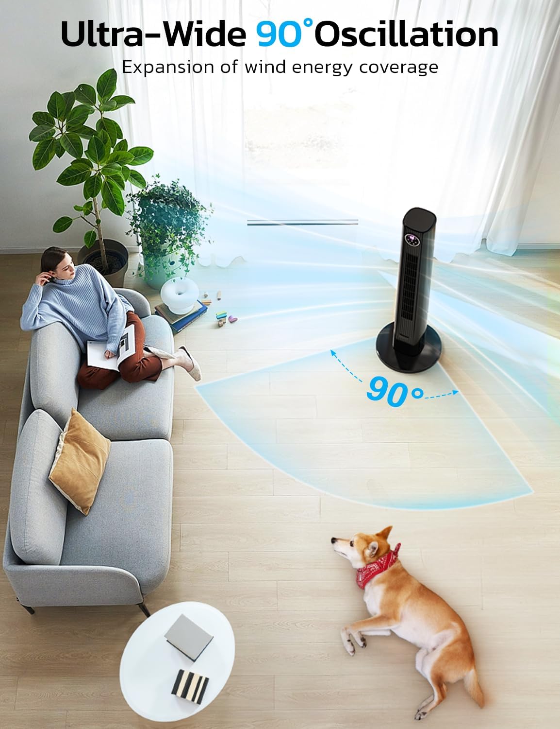 Tower Fan for Bedroom, 90° Oscillating Fan with 12H Timer, 37”Standing Fans with Remote, Bladeless Fan with 4 Modes & 3 Speeds