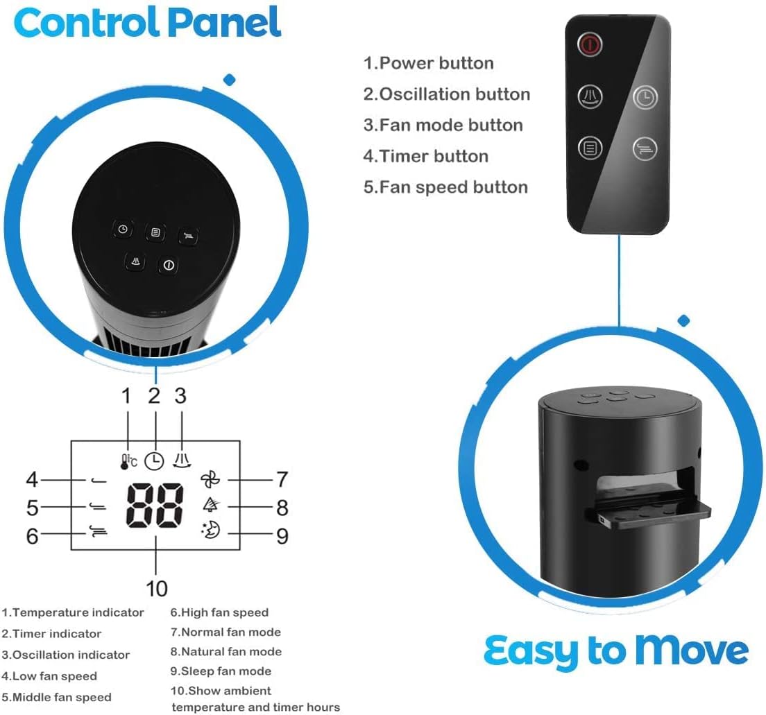 Tower Fan Portable Electric Oscillating Fan Quiet Cooling Remote Control Standing Bladeless Floor Fans 3 Speeds Wind Modes Timer