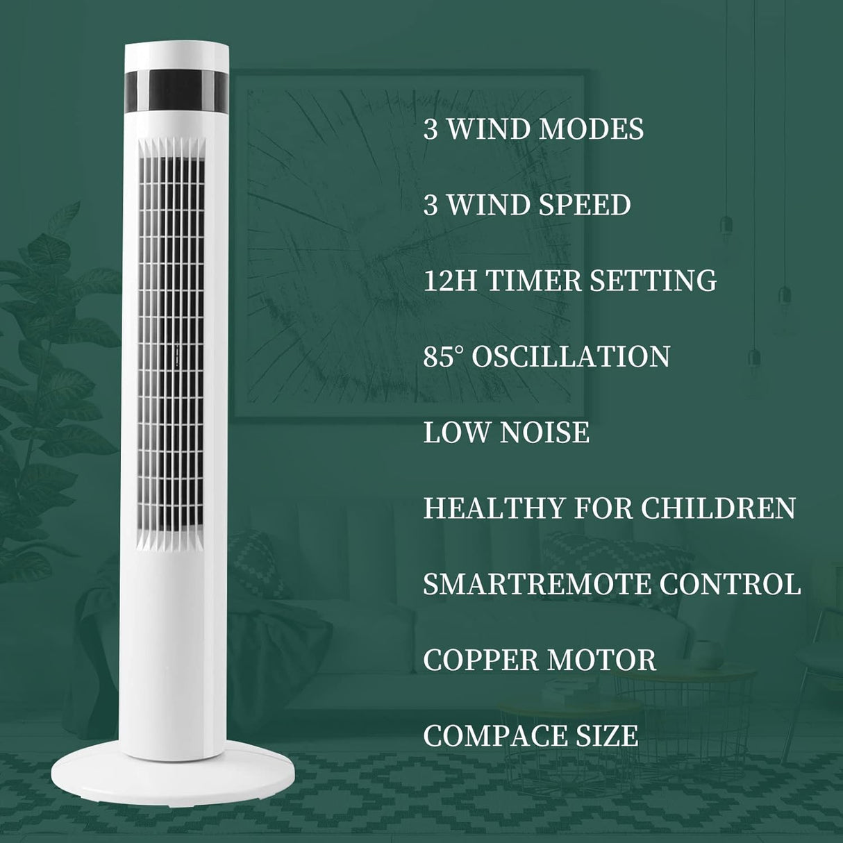 Tower Fan Portable Electric Oscillating Fan Quiet Cooling Remote Control Standing Bladeless Floor Fans 3 Speeds Wind Modes Timer