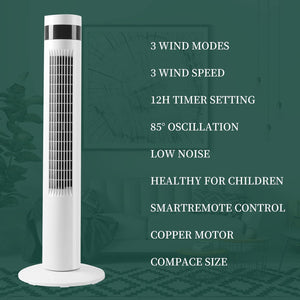 Tower Fan Portable Electric Oscillating Fan Quiet Cooling Remote Control Standing Bladeless Floor Fans 3 Speeds Wind Modes Timer