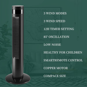 Tower Fan Portable Electric Oscillating Fan Quiet Cooling Remote Control Standing Bladeless Floor Fans 3 Speeds Wind Modes Timer