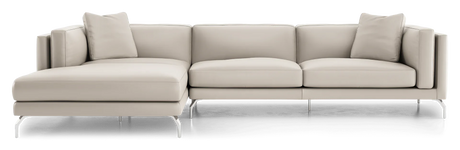 The Reade Sectional Sofa is a contemporary beige piece featuring sleek lines, metal legs, and three cushions. The chaise lounge extends to the left, offering a spacious seating arrangement.