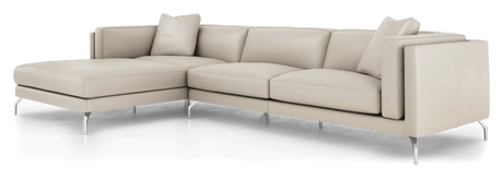 Introducing the Reade Sectional Sofa: a modern beige L-shaped sectional featuring sleek metal legs and plush cushions. Accentuated by two square throw pillows at the corners, it embodies a contemporary design.