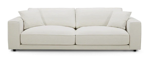 Introducing the Elmore Sofa: a contemporary, cream-colored piece featuring two spacious seat cushions and dual back cushions. Its sleek, straight lines complement a minimalist aesthetic, beautifully showcased against a plain white backdrop.