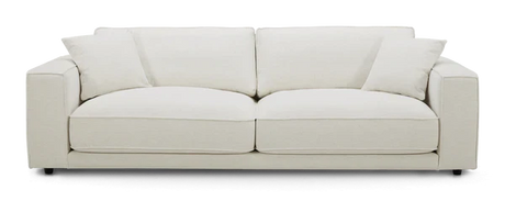 Introducing the Elmore Sofa: a contemporary, cream-colored piece featuring two spacious seat cushions and dual back cushions. Its sleek, straight lines complement a minimalist aesthetic, beautifully showcased against a plain white backdrop.