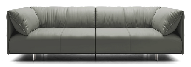 Introducing the Essex Sofa: a modern, gray leather piece showcasing a clean, minimalistic design with plush cushions and metal legs—an ideal addition to any contemporary living space.