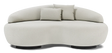 Introducing the Rio Sofa, a stylish, cream-colored piece with a curved silhouette and textured fabric finish. It includes two small matching cushions and a rounded backrest. This sofa boasts a unique wavy design with black base supports, seamlessly combining contemporary style and comfort.