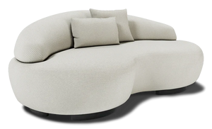 The Rio Sofa is a contemporary, white, two-seater with a sleek, rounded design and three plush cushions. It has dark, round legs and a textured fabric surface, making it both stylish and modern.