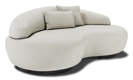 The Rio Sofa is a contemporary, white, two-seater with a sleek, rounded design and three plush cushions. It has dark, round legs and a textured fabric surface, making it both stylish and modern.