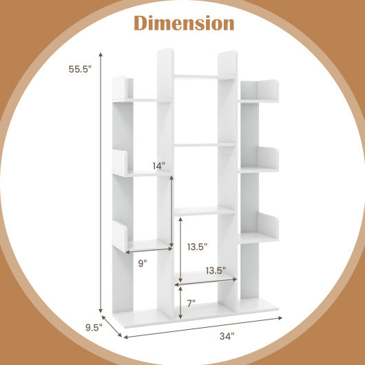 Tree-Shaped Bookshelf with 13 Compartments-White