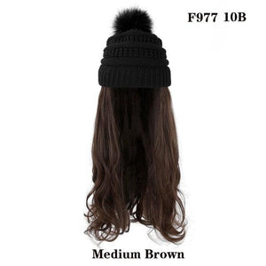 Trendy Hat Wig Synthetic Long Wavy Wigs with Beret Hat Knitted Fashion black Autumn Winter Cap Hair Extensions Wigs For Black Women Cosplay Wigs For Women