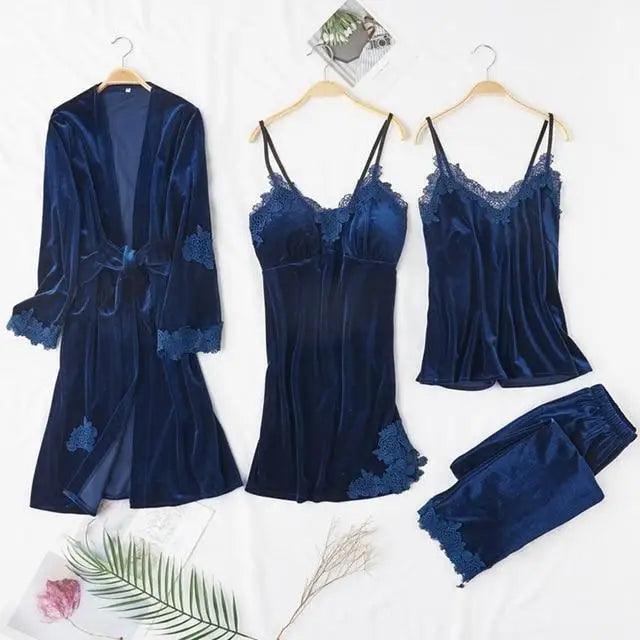 Trendy New Four Pieces Warm Winter Pajamas Sets Women Stylish Lace Robe Pajama Sleepwear Suit Sleeveless Nightwear Women's Sleepwear Set 4-Piece Women's Pajamas Elegant Comfortable Loungewear Satin Sleepwear with Robe Nightgown Pants