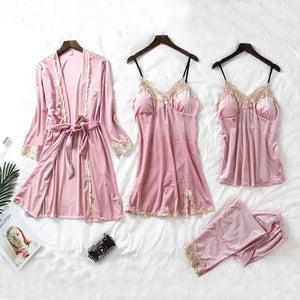 Trendy New Four Pieces Warm Winter Pajamas Sets Women Stylish Lace Robe Pajama Sleepwear Suit Sleeveless Nightwear Women's Sleepwear Set 4-Piece Women's Pajamas Elegant Comfortable Loungewear Satin Sleepwear with Robe Nightgown Pants