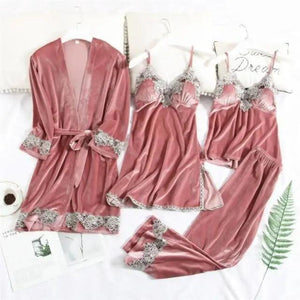 Trendy New Four Pieces Warm Winter Pajamas Sets Women Stylish Lace Robe Pajama Sleepwear Suit Sleeveless Nightwear Women's Sleepwear Set 4-Piece Women's Pajamas Elegant Comfortable Loungewear Satin Sleepwear with Robe Nightgown Pants