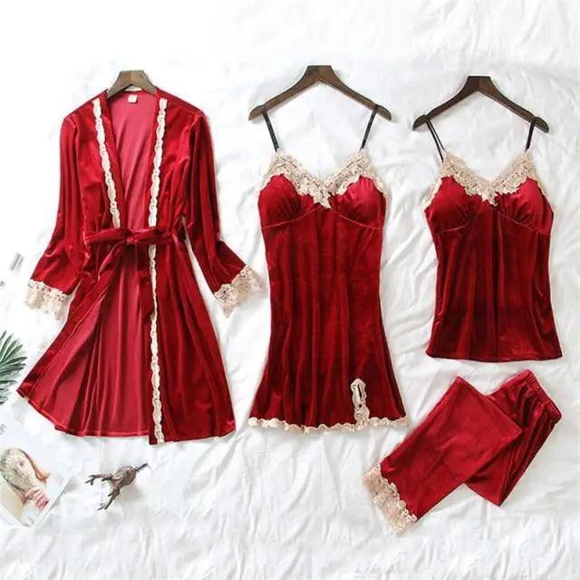 Trendy New Four Pieces Warm Winter Pajamas Sets Women Stylish Lace Robe Pajama Sleepwear Suit Sleeveless Nightwear Women's Sleepwear Set 4-Piece Women's Pajamas Elegant Comfortable Loungewear Satin Sleepwear with Robe Nightgown Pants